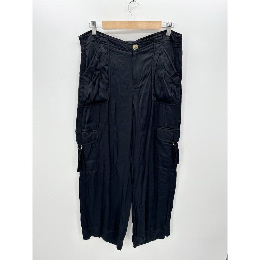 By Anthropologie Black Wide Leg‎ Cargo Pants Viscose Flap Pockets Women Size 10